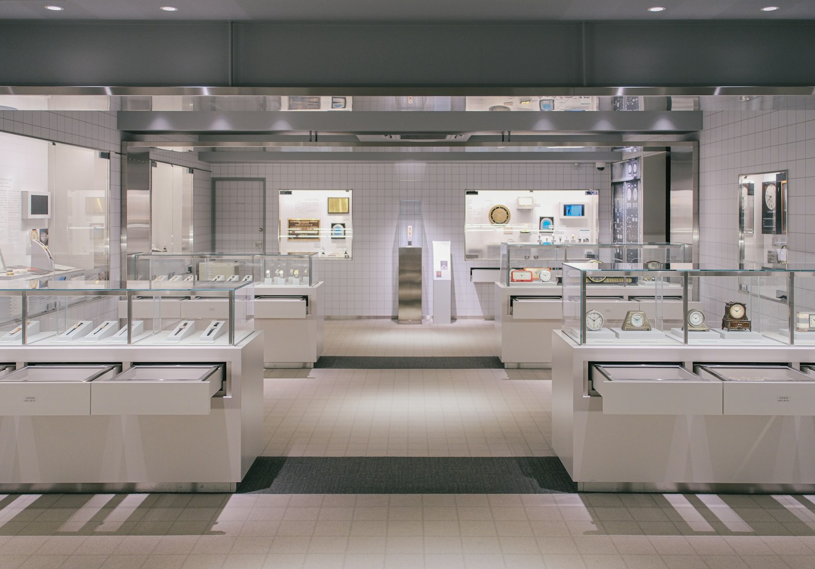 Jewellery boutique interior with lit display cases